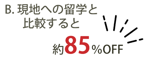 B. 現地への語学留学コースと比較すると約85％OFF